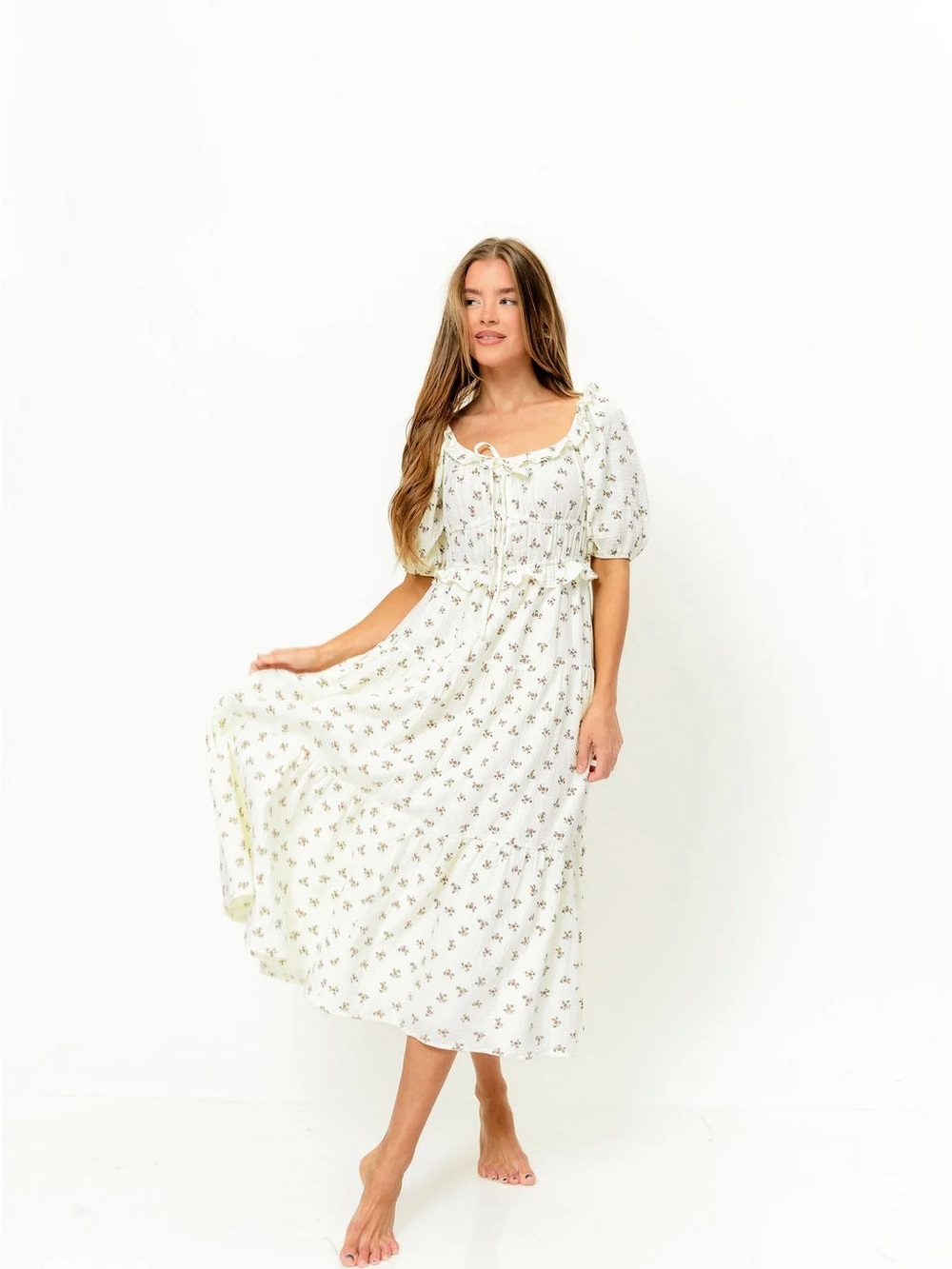 NWT 100% Cotton Ruched Midi Dress in Cream - Bump Friendly